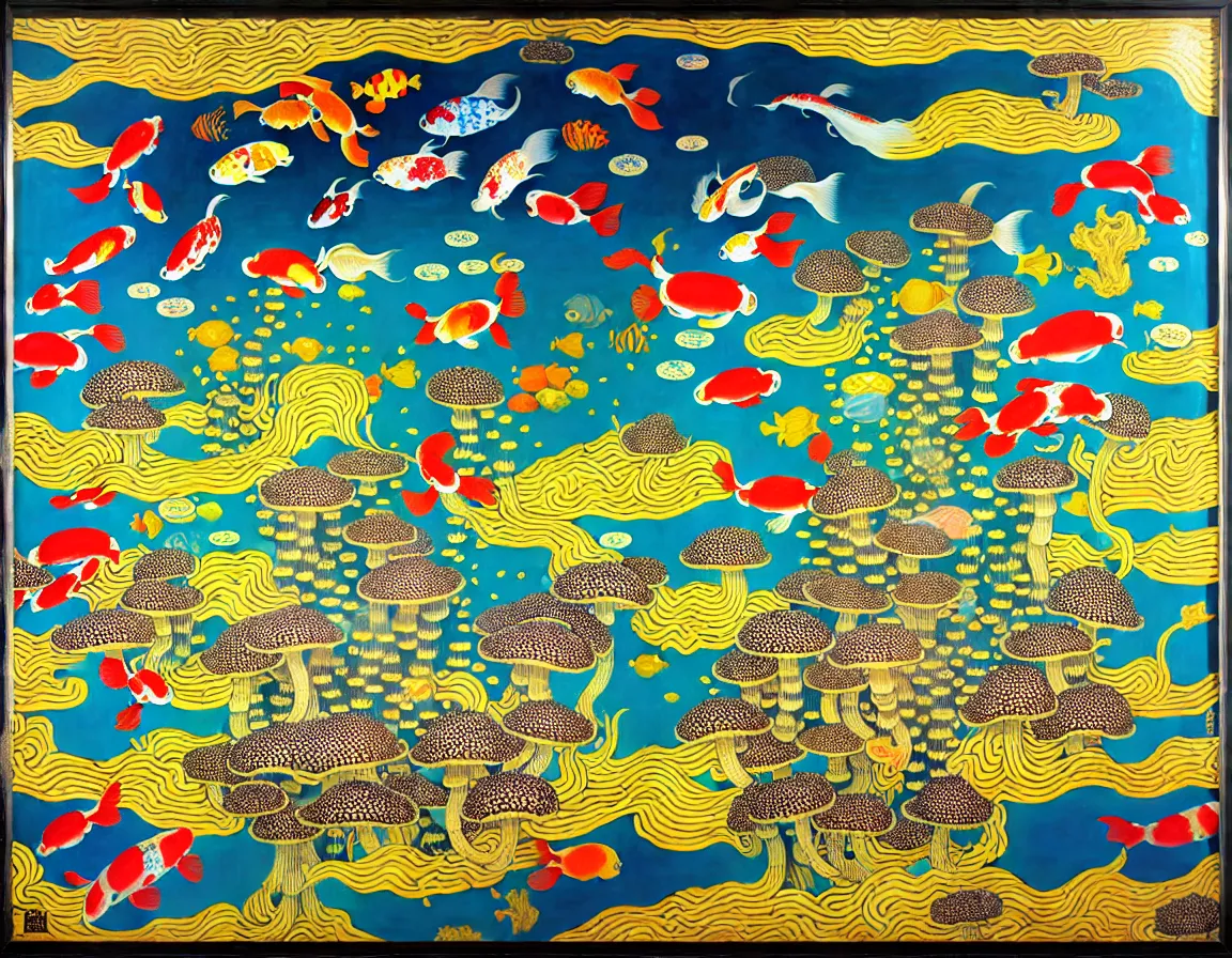 Prompt: vase of mushroom in the sky and under the sea decorated with a dense field of stylized scrolls that have opaque yellow outlines, with koi fishes, ambrosius benson, kerry james marshall, afrofuturism, oil on canvas, history painting, hyperrealism, light color, no hard shadow, around the edges there are no objects