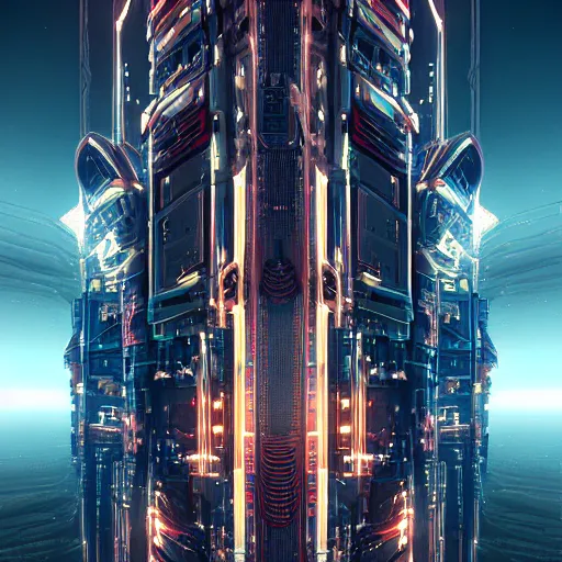 Image similar to A dream beyond horizon. ArtStation, Cyberpunk, Vertical Symmetry, 8K, Highly Detailed, Intricate, Album Art.