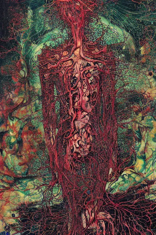 Image similar to realistic detailed image of a Body ripping apart, Conjuring Psychedelic by Shintaro Kago, Neo-Gothic, gothic, rich deep colors. Beksinski painting, part by Adrian Ghenie and Gerhard Richter. art by Takato Yamamoto. masterpiece