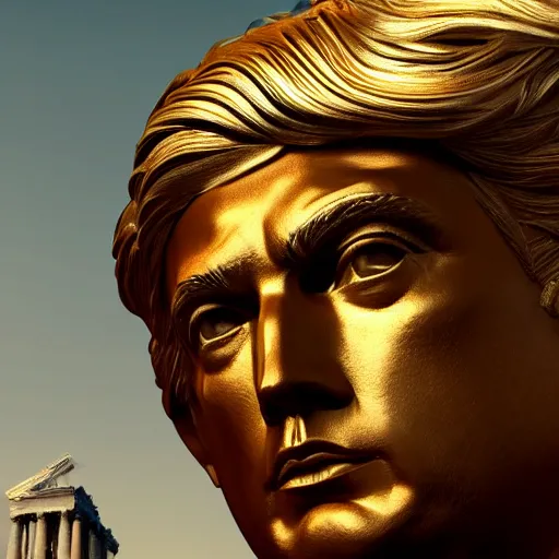 Prompt: Donald trump as a Greek god statue, realistic artstyle, wide shot, dramatic lighting, octane render, hyperrealistic, high quality, highly detailed, HD, beautiful, cinematic, 8k, unreal engine, facial accuracy, symmetrical