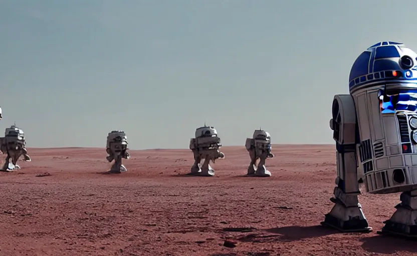 Image similar to a screenshot wide shot of hybrid giant R2-D2 mixed with an AT-AT land walkers, marching on a red landscape, from Star Wars The Last Jedi, iconic scene from the 1980 film directed by Stanley Kubrick, shot on anamorphic lenses, cinematography, 70mm film, lens flare, kodak color film stock, ektachrome, immensely detailed scene, 4k