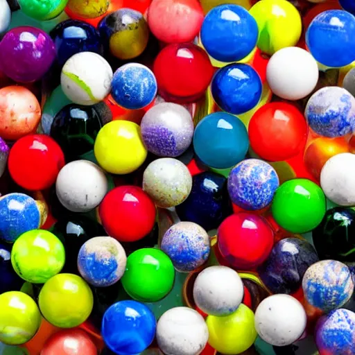 Image similar to a bowl full of coloured marbles top down view