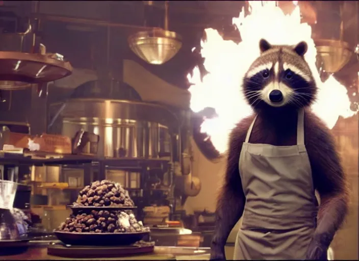 Prompt: film still of Rocket Racoon working as a chocolatier in the new Avengers movie, 4k