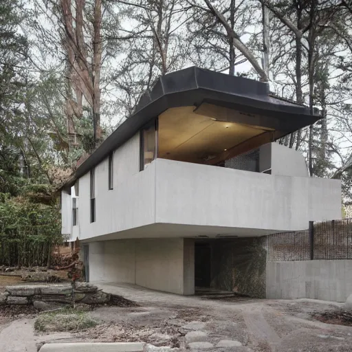 Prompt: ! dream second story elevated white brutalist home perched atop 2 equidistant separated large piers, double cantilevered design, large windows, elegant, white stone, proportion, golden ratio, epic composition, steel window mullions, cars parked underneath