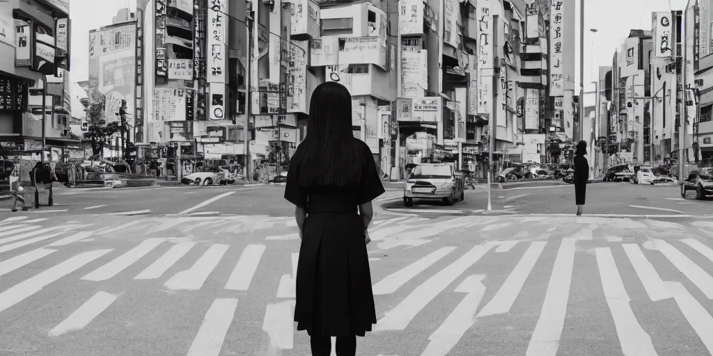 Image similar to a girl with long hair on japanese uniform high school, waiting on a crosswalk, urban city background, digital art, 8 k,