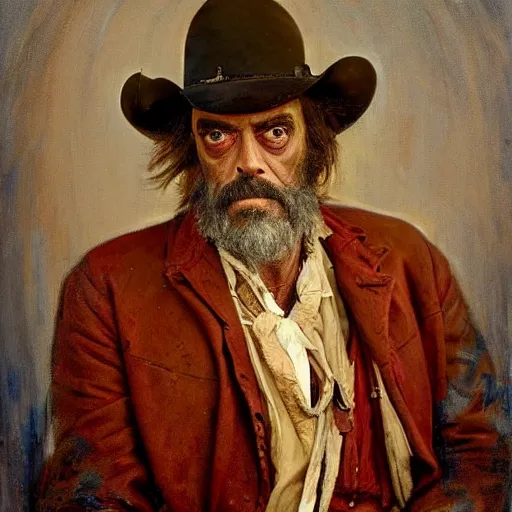 Image similar to Solomon Joseph Solomon and Richard Schmid and Jeremy Lipking victorian genre painting portrait painting of Jack Elam a rugged cowboy gunfighter old west character in fantasy costume, red background