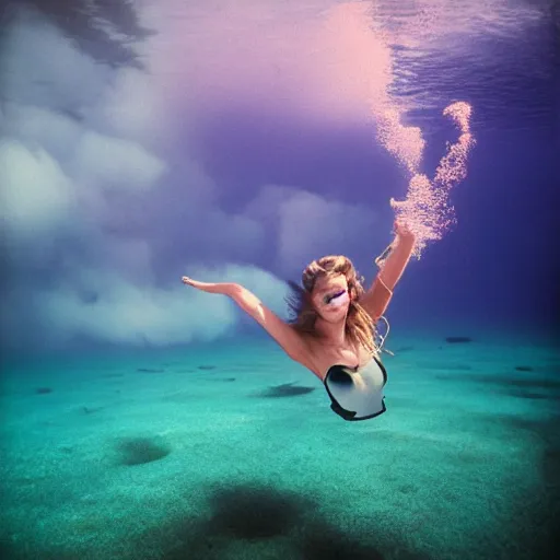 Prompt: dreamlike film photography of a three beautiful women in black one piece swimsuits picnicking at night underwater in front of colourful underwater clouds by Kim Keever. In the foreground floats a seasnake. low shutter speed, 35mm