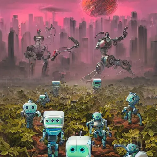 Image similar to a world full of robots overran by nature by akihiko yoshia and greg rutkowsk