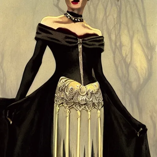 Image similar to an extremely detailed matte painting audrey hepburn as a vampire queen in a resplendent black dress with gold and crimson trim and a long leg slit, in the style of magic the gathering, 8 k, sharp focus, detailed face, art by john collier and albert aublet and krenz cushart and artem demura and alphonse mucha