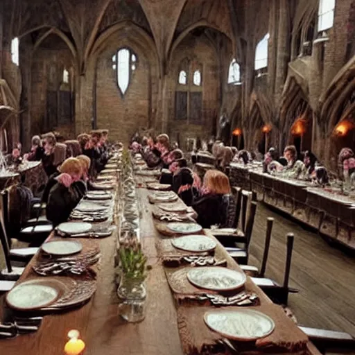 Image similar to hogwarts dining hall full of dobby-like creatures at the dinner tables