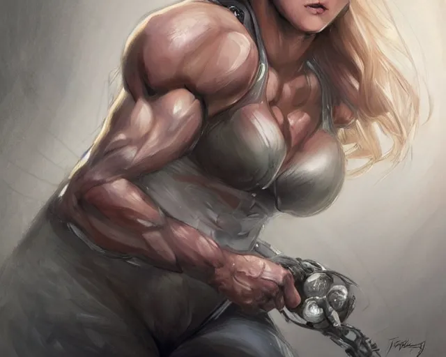 Image similar to portrait of samus aran as a very attractive female bodybuilder bride, elegant, fantasy, hd shot, digital portrait, beautiful, artstation, comic style, by artgerm, guy denning, jakub rozalski, magali villeneuve and charlie bowater