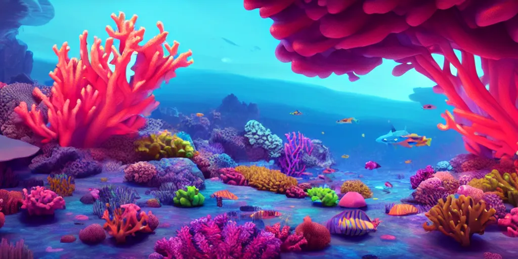 Prompt: majestic neon glowing coral reef, masterpiece painting by fabian jimenez and Jonathan solter, hyper realism, octane render