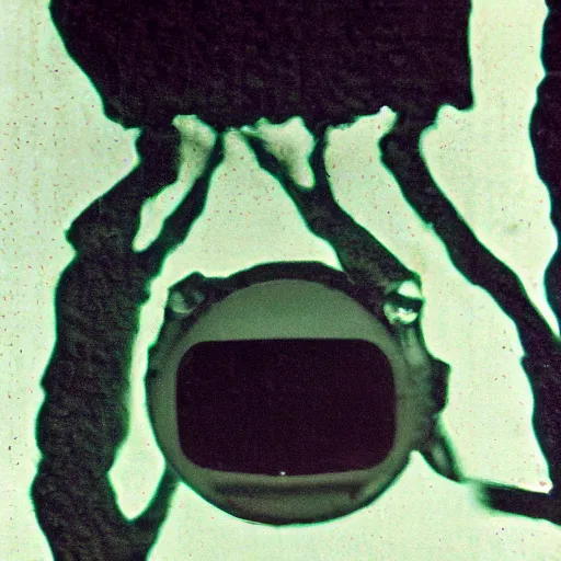 Image similar to creature made of black goo with a television as a head, grainy photo