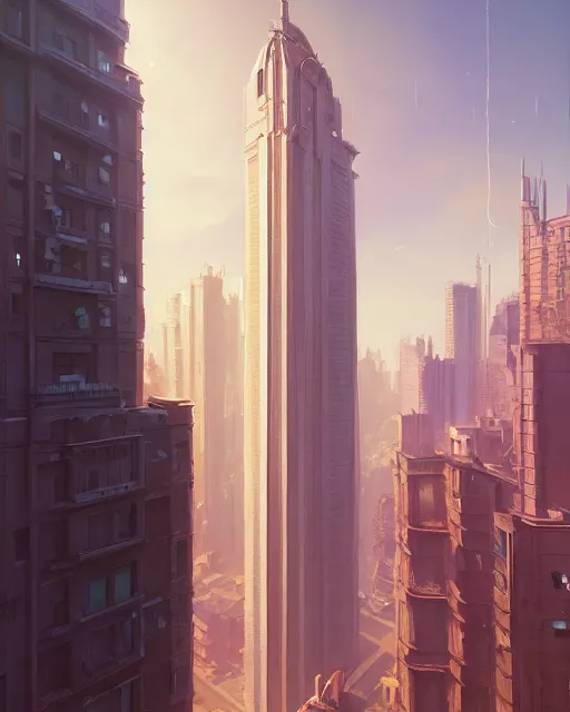 Image similar to highly detailed vfx portrait of a tall building, unreal engine, greg rutkowski, loish, rhads, beeple, makoto shinkai and lois van baarle, ilya kuvshinov, rossdraws, tom bagshaw, alphonse mucha, global illumination, detailed and intricate environment