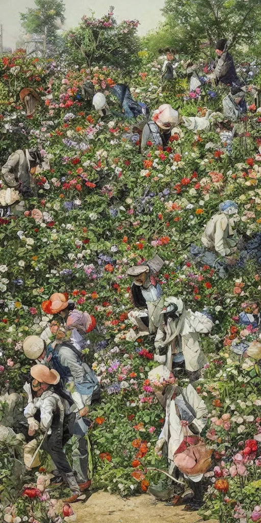 Prompt: oil painting scene from gardeners crowd in the flower garden by kim jung gi