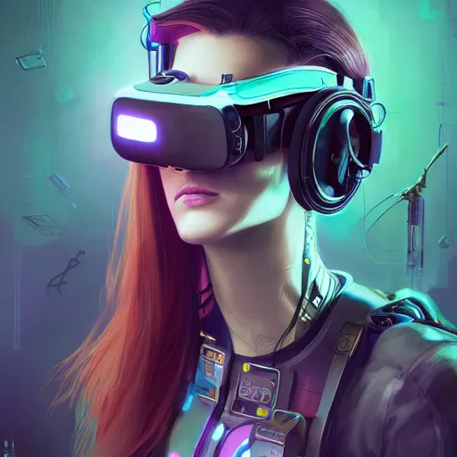 Image similar to portrait of a beautiful cybernetic punk girl wearing a oculus rift headset, cyberpunk concept art by pete mohrbacher and artgerm and wlop and deathburger and syd mead, digital art, highly detailed, intricate, sci-fi, neon colors, sharp focus, Trending on Artstation HQ, deviantart, unreal engine 5, 4K UHD image