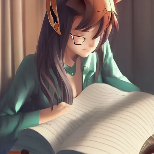 Prompt: Girl with cat ears studying from a textbook, by WLOP, by Artgerm, by Makoto Shinkai, digital art, trending on artstation, anime style, beautiful lightning, atmospheric