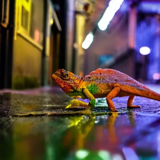 Image similar to a high quality low wide angle photo of a chameleon on the streets of a cyberpunk city, rainy, reflective ground, neon lights, realism, 8k