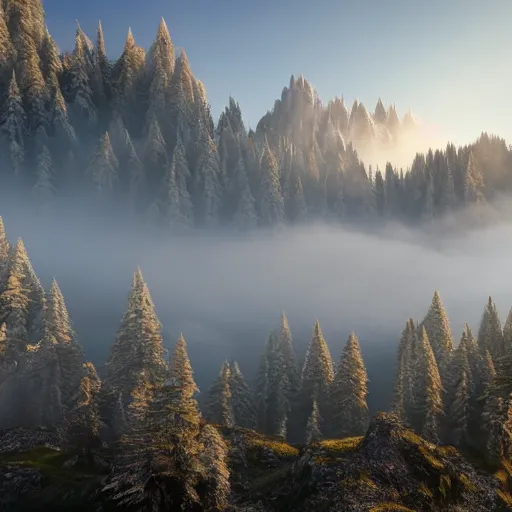 Image similar to still shot of a mountain covered in morning fog, highly detailed, photorealistic portrait, bright studio setting, studio lighting, crisp quality and light reflections, unreal engine 5 quality render