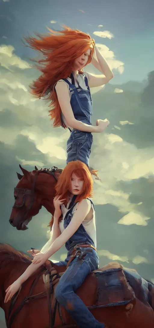 Image similar to southern ginger woman in ripped overalls riding a horse with a white mane, airbrushed, hazy, gentle, soft lighting, wojtek fus, by makoto shinkai and ilya kuvshinov,