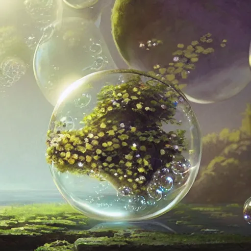 Image similar to Concept art, Jasmine flowers in shiny bubbles, 8k, james gurney, greg rutkowski, john howe, artstation