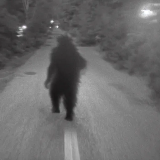 Image similar to footage of a sasquatch caught on a wildcamera, black and white, blurry footage, wild camera, night