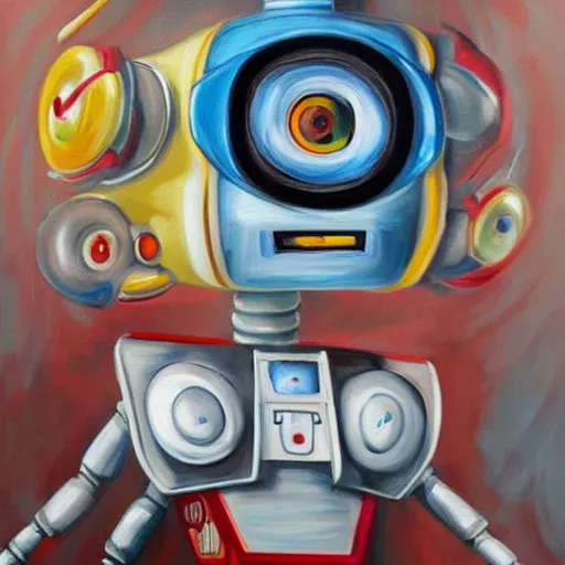 Image similar to funny robot painting a canvas, highly detailed, photorealism