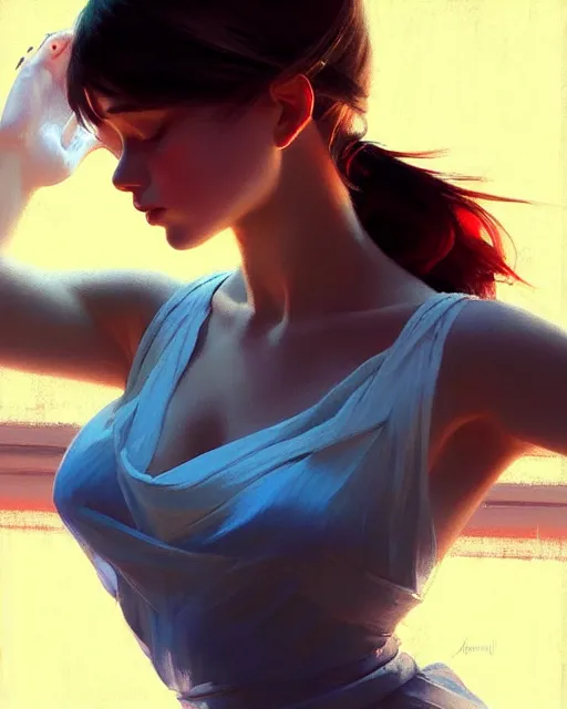 Image similar to an artistic pose, composition, young girl, realistic shaded, fine details, realistic shaded lighting poster by ilya kuvshinov, magali villeneuve, artgerm, jeremy lipkin and michael garmash and rob rey