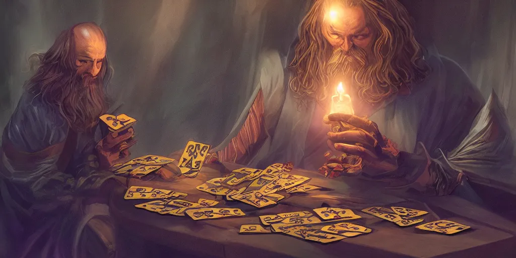 Image similar to wizard shuffling cards, tarot cards, fantasy, digital art, soft lighting, concept art, 8 k