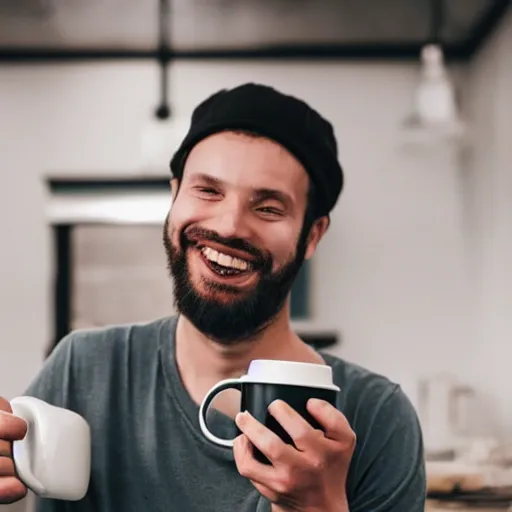 Image similar to a man holding a coffee mug. the coffee mug has a smiling, cartoony face on it.