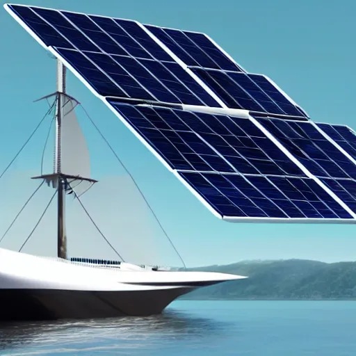 Prompt: futuristic sailship with solar panels mid-journey with robot sailors