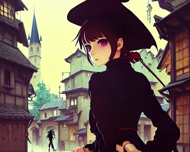 Image similar to ilya kuvshinov, moody, key anime visual portrait of a young female witch walking through a busy medieval village, dynamic pose, dynamic perspective, cinematic, dramatic lighting, muted colors, detailed silhouette, textured, anime proportions, alphonse mucha, perfect anime face,, yoh yoshinari, takashi murakami