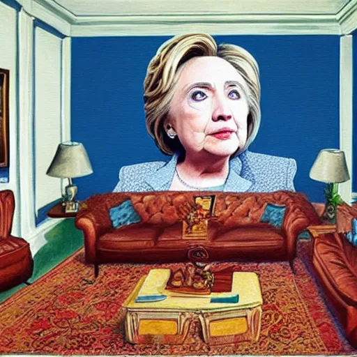 Prompt: a surreal, very very detailed painting of a living room where the floor, the walls, and everything else covered in hillary clinton's face