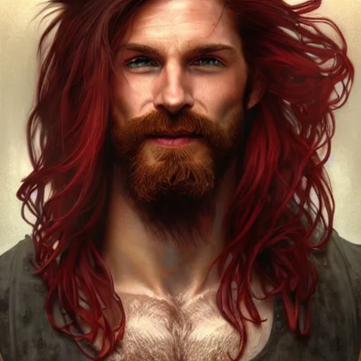 Image similar to portrait of a young ruggedly handsome but joyful pirate, male, muscular, masculine, upper body, red crimson crimson deep red hair, long long flowing hair, fantasy, proud smirk, intricate, elegant, highly detailed, digital painting, artstation, concept art, matte, sharp focus, illustration, art by artgerm and greg rutkowski and alphonse mucha