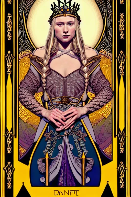 Prompt: beautiful and refined fractal tarot card featuring an ornate, realistic, and regal high key studio portrait of a beautiful attractive young viking queen with braided blonde hair and a helmet by Suicide Girls, by Dan Mumford, by Jim Fitzpatrick, by joe wilson, featured on deviant art, trending on artstation