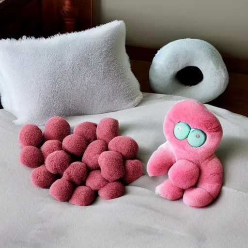 Image similar to bacteria plush, cute fluffy microorganisms covering a cozy bed, cloth worms