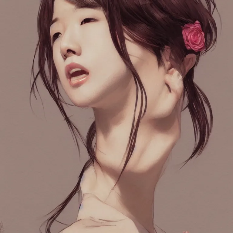 Image similar to portrait of kpop idol, expressive pose, lively expression, a pastel by chip zdarsky, trending on pinterest, mingei, full body, stylish, intricate, elegant, rose tones, highly detailed, digital painting, artstation, concept art, smooth, sharp focus, illustration, art by artgerm and greg rutkowski and alphonse mucha