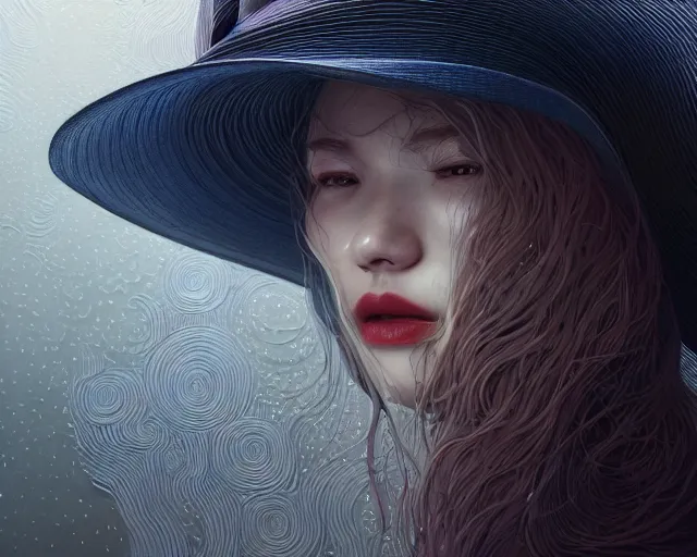 Prompt: portrait of mystic lips hidden under wide - brim hat, intricate abstract. intricate artwork, by tooth wu, wlop, beeple, dan mumford. concept art, octane render, trending on artstation, greg rutkowski very coherent symmetrical artwork. cinematic, key art, hyper realism, high detail, octane render, 8 k, iridescent accents