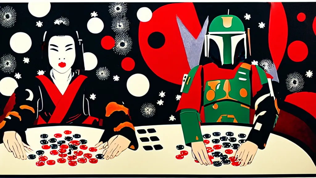 Image similar to woman in a black japanese kimono, sitting at an extremely detailed poker table with the boba fett, sake on the table, fireworks and stars on the background, by andy warhol, by roy liechtestein, canvas, acrylic paint, ivory palette, 4 k, ultra - hd