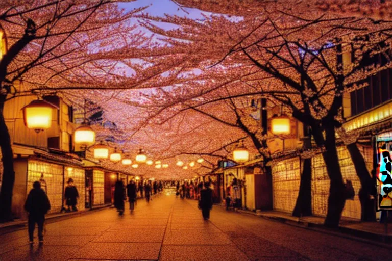 Prompt: goldenhour sunset professional photo of osaka, japan city street in the winter with cherry blossoms and paper lanterns