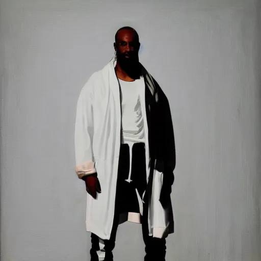 Image similar to a full body lookbook portrait of modern - day jesus wearing virgil abloh off - white menswear and sneaker collection by nicola samori, detailed, realistic oil painting, hyper - realistic, 8 k, off - white collection