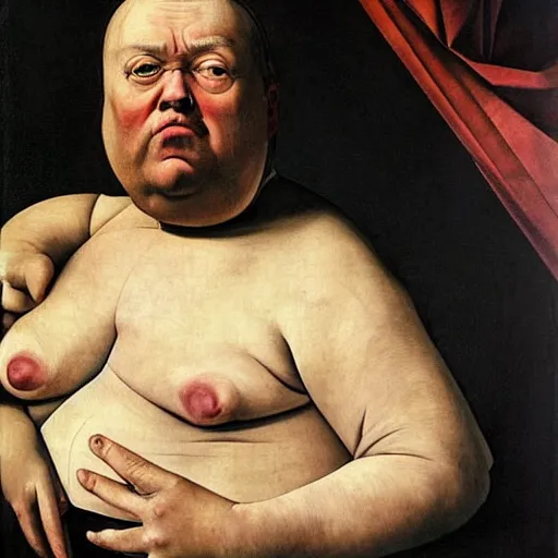 Image similar to a caravaggio portrait of donald frump, trumps much fatter and weirder looking cousin