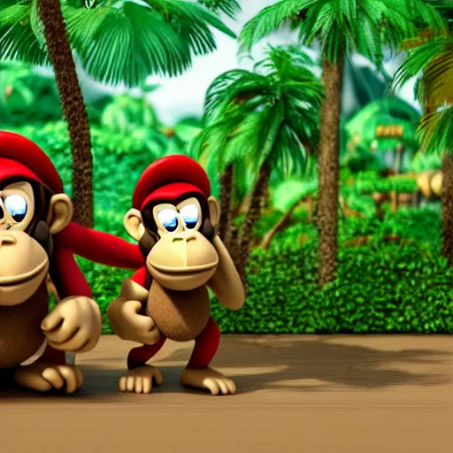 Image similar to Donkey Kong and Diddy Kong surrounded by tropical trees and barrels, 3D render, detailed clay model