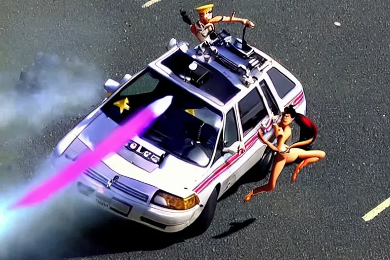 Prompt: police chase helicopter sailor moon stealing a catalytic converter