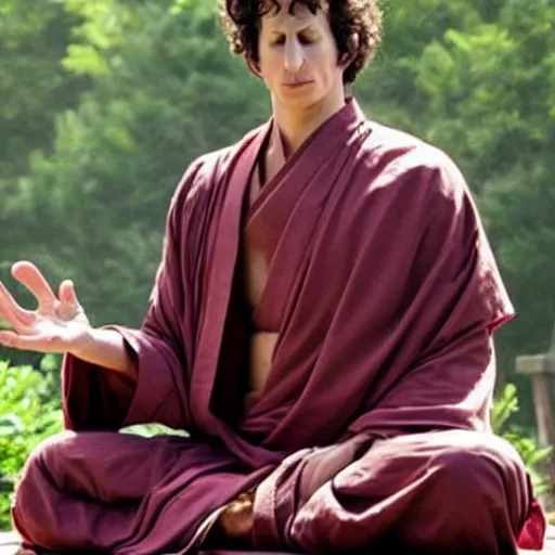 Image similar to perfect shot of detailed face and realistic eyes of andy samberg as an ascetic monk meditating