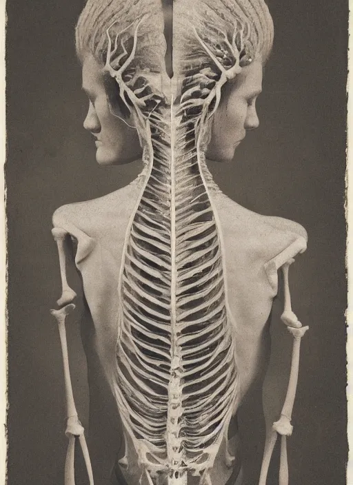 Image similar to the back of a woman’s head, made of leaf skeleton, in the style of the Dutch masters and Gregory Crewdson, dark and moody
