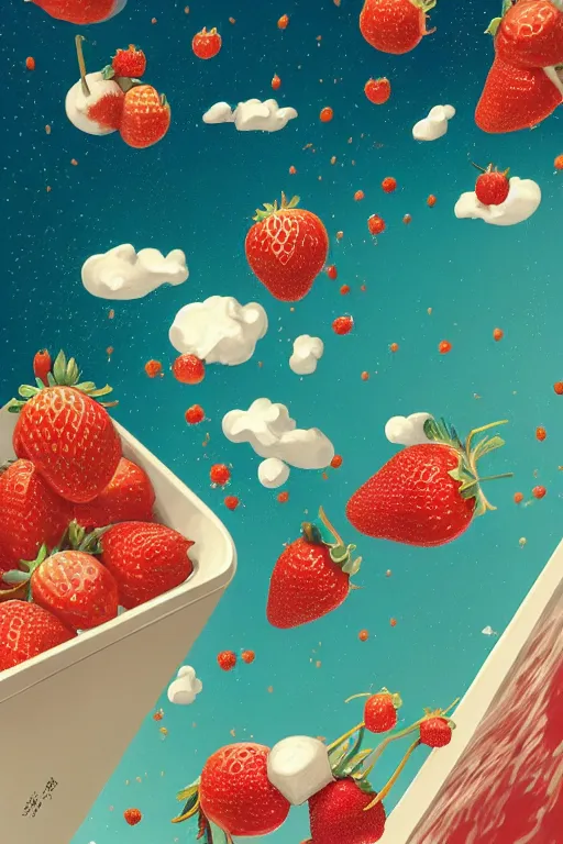 Prompt: a hyperdetailed exquisite delicate strawberries fight with floating milk fluid scene, plane illustration, poster, victo ngai, milk cubes, strawberry granules, top milk brands, 4 k hd wallpaper illustration, package cover, golden curve composition