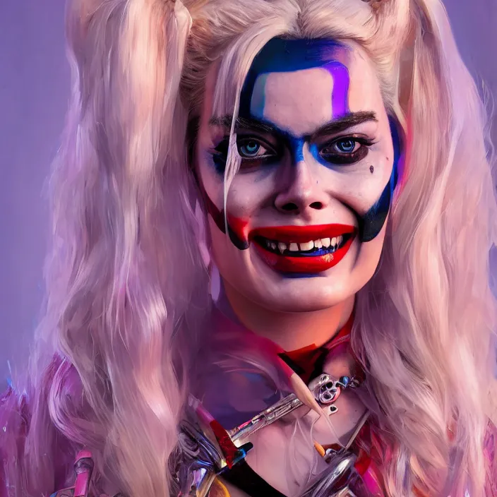 Image similar to portrait of Margot Robbie as a harley quinn. intricate abstract. intricate artwork. by Tooth Wu, wlop, beeple, dan mumford. octane render, trending on artstation, greg rutkowski very coherent symmetrical artwork. cinematic, hyper realism, high detail, octane render, 8k, iridescent accents