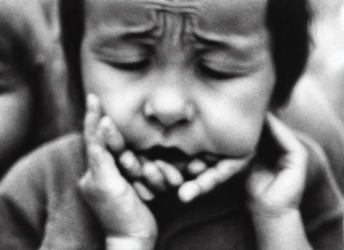 Image similar to high resolution black and white portrait with 8 0 mm f / 1 2 lens of children in chernobyl with eyes closed in grief in 1 9 8 9.