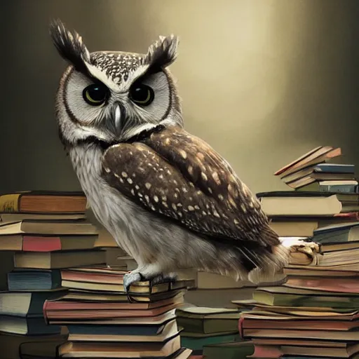 Image similar to long shot of a cute friendly owl sitting on a pile of books, by naoto hatori, by yoshita amano, by esao andrews, fancy illustration hyperrealistic, big depth of field, fresh colors, moody evening light, 3 d octane render conceptart, 4 k, highly detailed, trending on artstation